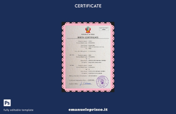 modello PSD del certificato di nascita del documento di stato civile del Perù in